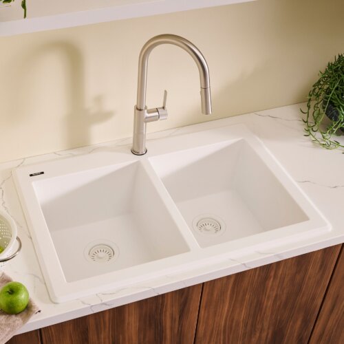 Ruvati 33 x 22 inch epiGranite Drop-in Topmount Granite Composite Quartz Double Bowl Kitchen Sink - Arctic White Matte - RVG1388WH