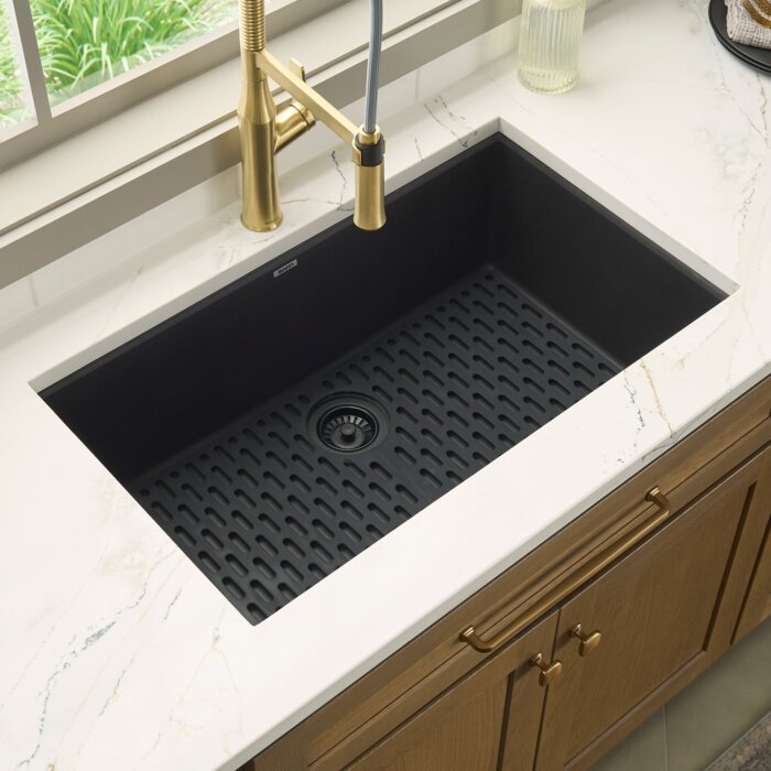 Ruvati 27 x 18 inch Granite Composite Quartz Undermount Single Bowl Kitchen Sink - Midnight Black - RVG2027BK Ruvati 27 x 18 inch Granite Composite Quartz Undermount Single Bowl Kitchen Sink - Midnight Black - RVG2027BK