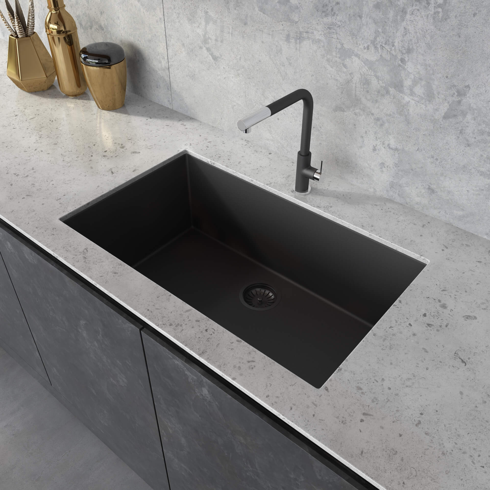 30 X 17 Inch Granite Composite Undermount Single Bowl Kitchen Sink Midnight Black Ruvati Usa
