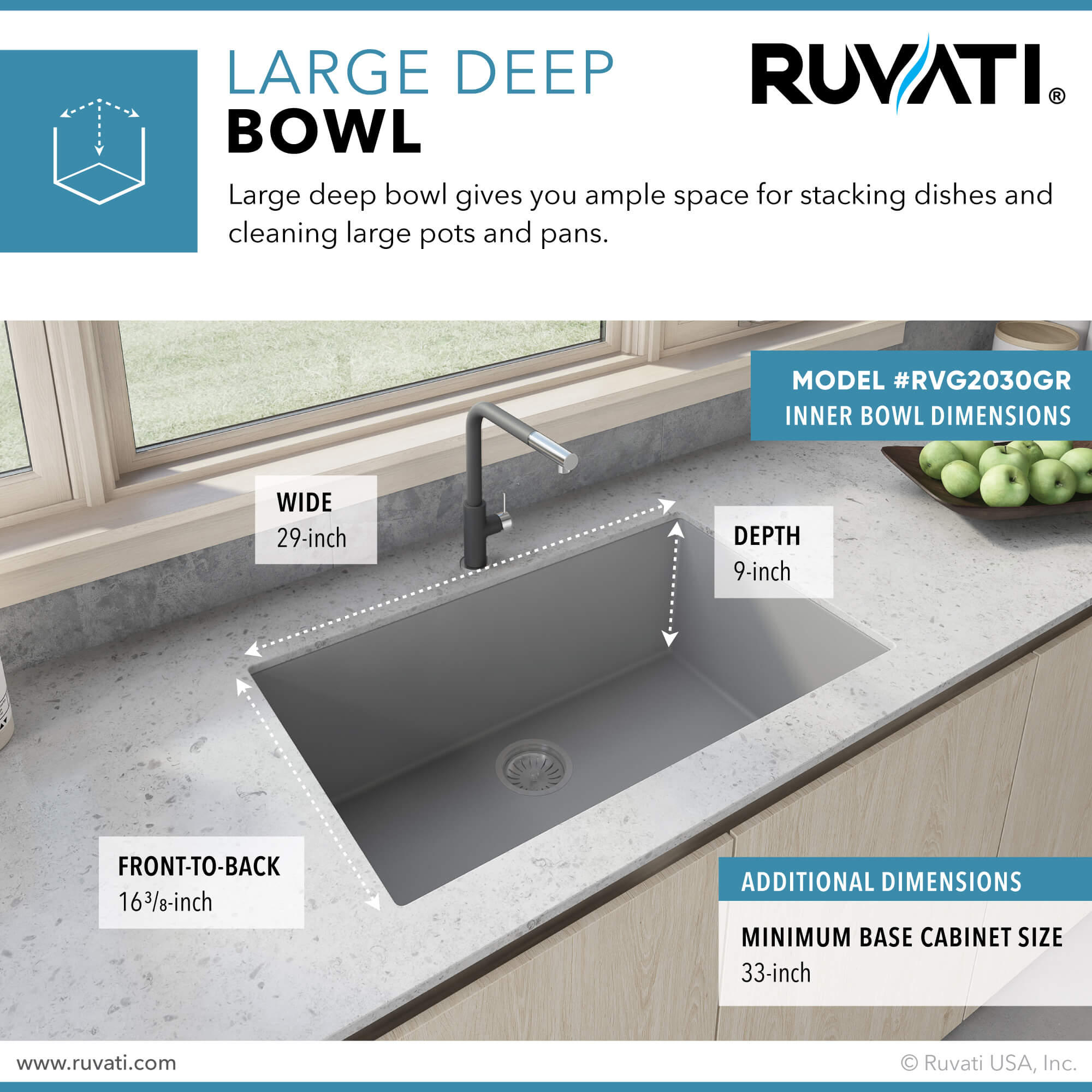 25 x 25 inch Granite Composite Undermount Single Bowl Kitchen Sink ...