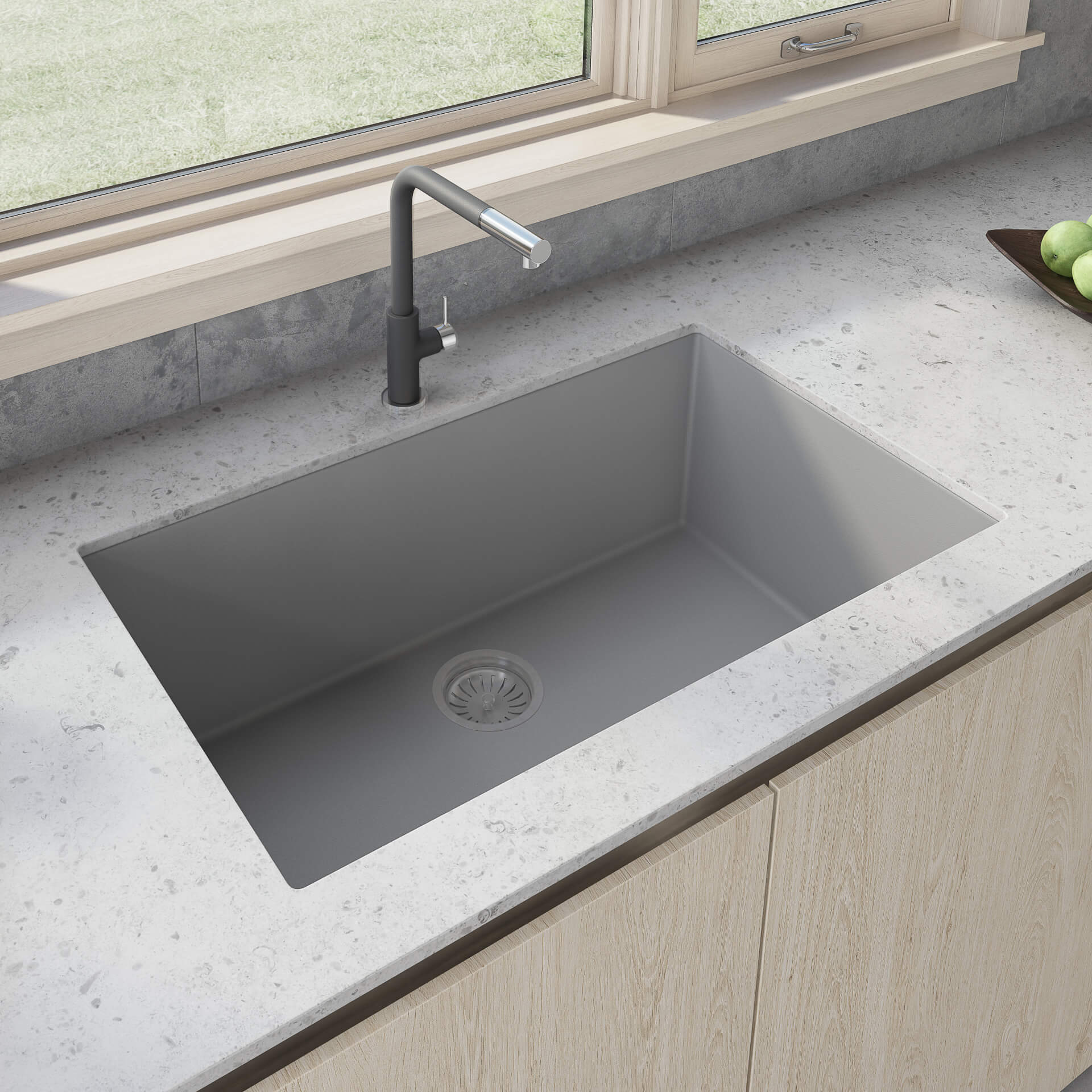 30 x 17 inch Granite Composite Undermount Single Bowl Kitchen Sink - Silver  Gray - Ruvati USA