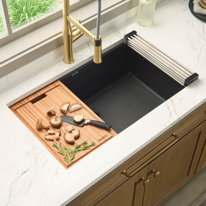 Ruvati 32-inch Undermount Workstation Granite Composite Quartz Kitchen Sink Matte Black - RVG2303BK