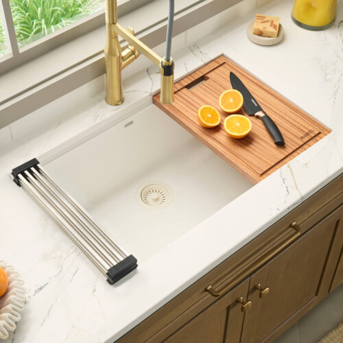 Ruvati 32-inch Granite Composite Quartz Workstation Undermount Kitchen Sink Single Bowl Arctic White Matte- RVG2303WH