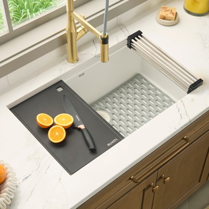 Ruvati 32-inch Granite Composite Quartz Workstation Undermount Kitchen Sink Single Bowl Arctic White Matte - RVG2306WH