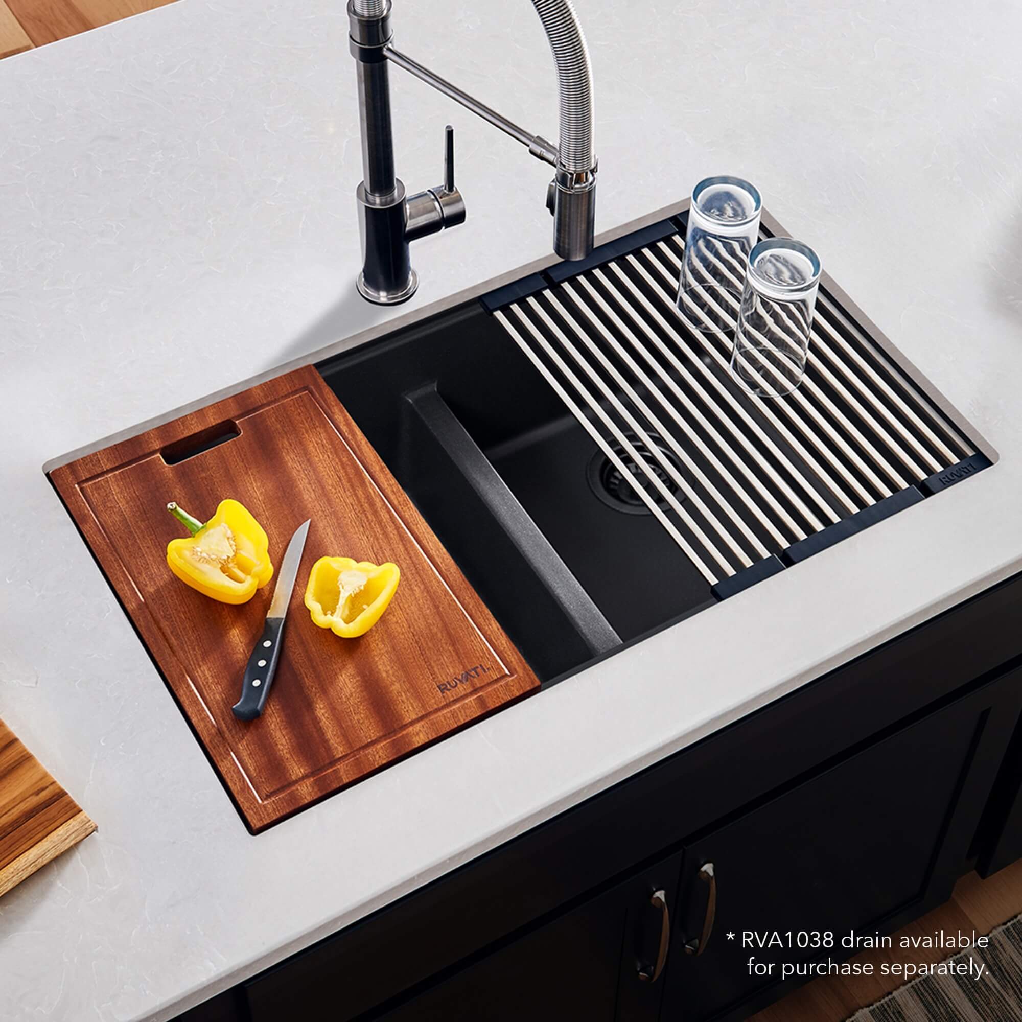 Ruvati 32-inch Undermount Workstation Granite Composite Quartz Kitchen Sink 50/50 Double Bowl - Midnight Black - RVG2343BK
