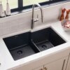Ruvati 33 x 20 inch Granite Composite Quartz Undermount Double Bowl Kitchen Sink - Midnight Black - RVG2347BK