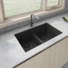 Ruvati 33 x 19 inch Granite Composite Quartz Undermount Low Divide Double Bowl Kitchen Sink - Midnight Black - RVG2385BK