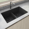 Ruvati 33 x 19 inch Granite Composite Quartz Undermount Low Divide Double Bowl Kitchen Sink - Midnight Black - RVG2385BK