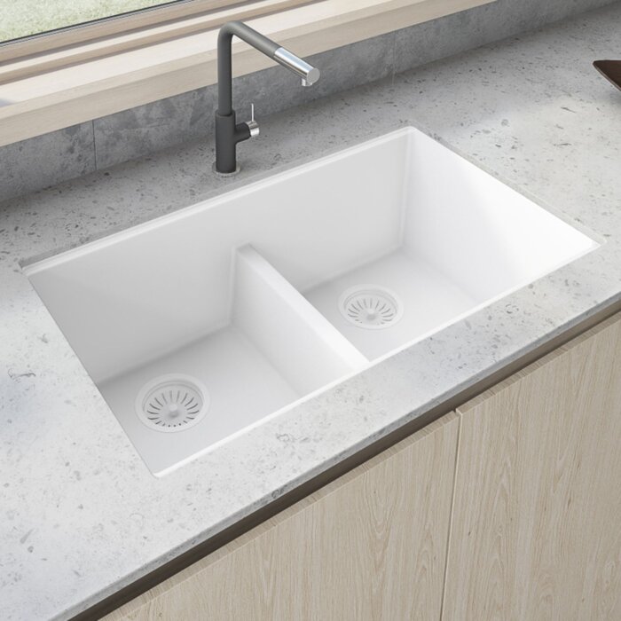 Ruvati 33 x 19 inch Granite Composite Quartz Undermount Double Bowl Low Divide Kitchen Sink - Arctic White Matte - RVG2385WH