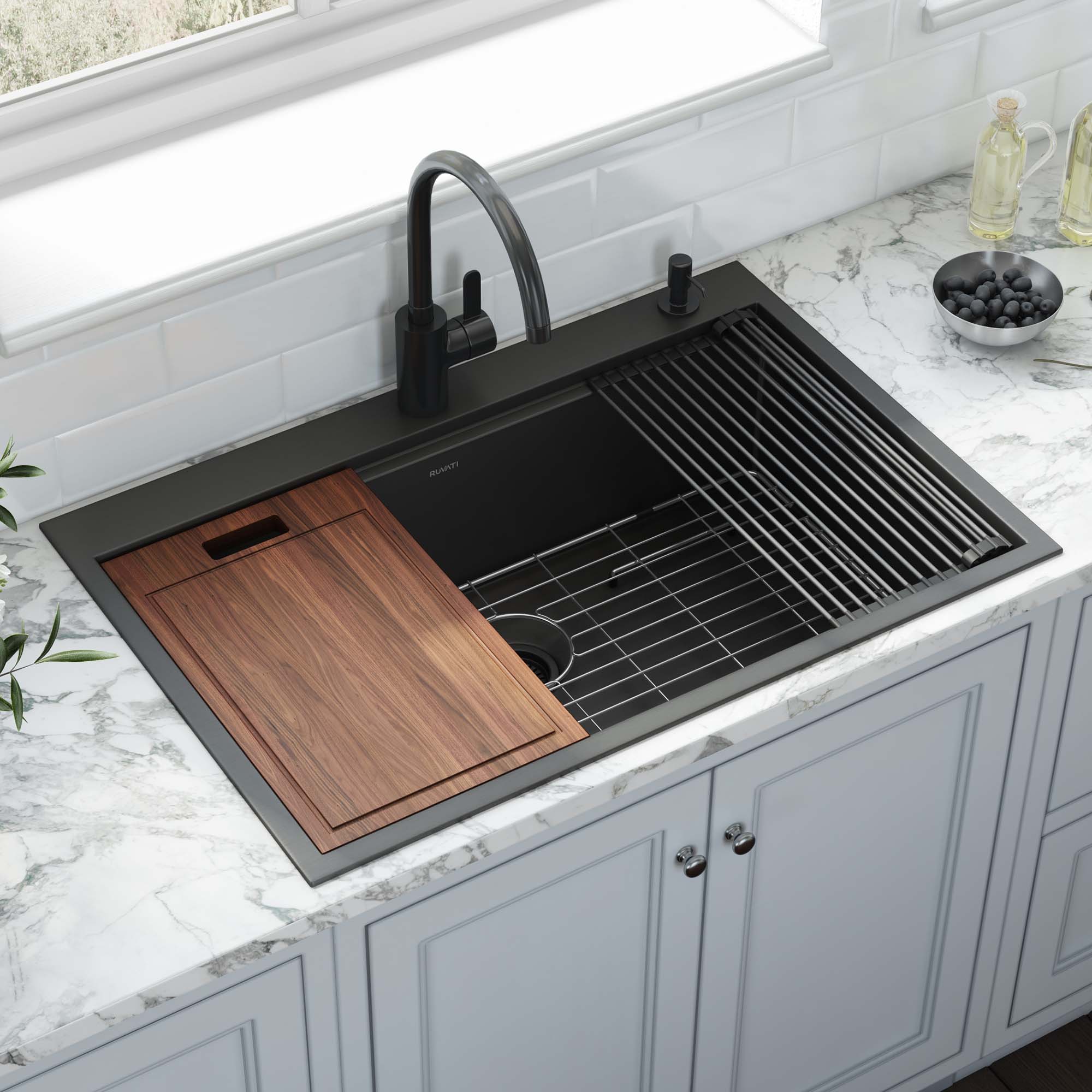 33 Drop In Black Workstation Kitchen Sink, VAPSINT 33x22 Inch Drop In Gunmetal Black Stainless Steel Kitchen Sink, Topmount Single Bowl Handmade Farmhouse Sinks With Accessories