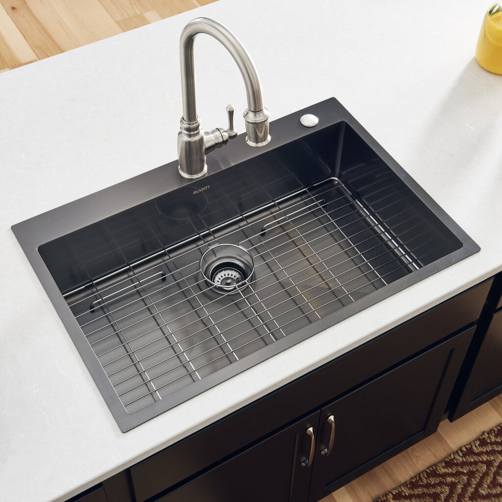 Doirteal Küchenspüle Gunmetal Black – 83,8 Cm Topmount, Edelstahl, Nanobeschichtung, Super Hydrophob, Mit Gitter & 2 Aufsatzlöchern