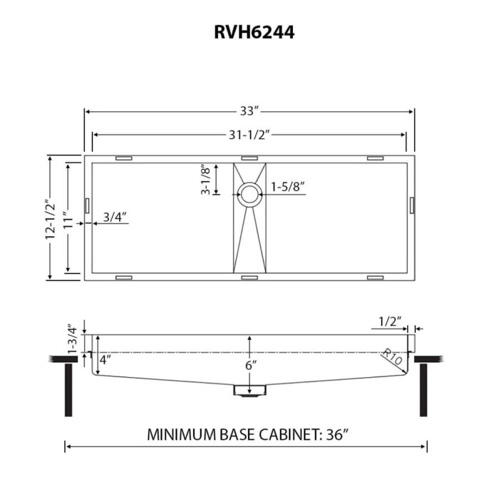 Ruvati 33 x 12 inch Brushed Stainless Steel Semi-Recessed Drop-in Topmount Ramp Bathroom Sink Stainless Steel – RVH6244ST
