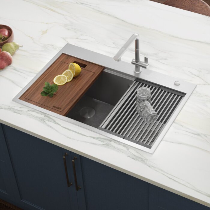 Ruvati 33 x 22 inch Workstation Drop-in 60/40 Double Bowl Topmount Rounded Corners 16 Gauge Stainless Steel Ledge Kitchen Sink - RVH8035 Ruvati 33 x 22 inch Workstation Drop-in 60/40 Double Bowl Topmount Rounded Corners 16 Gauge Stainless Steel Ledge Kitchen Sink - RVH8035