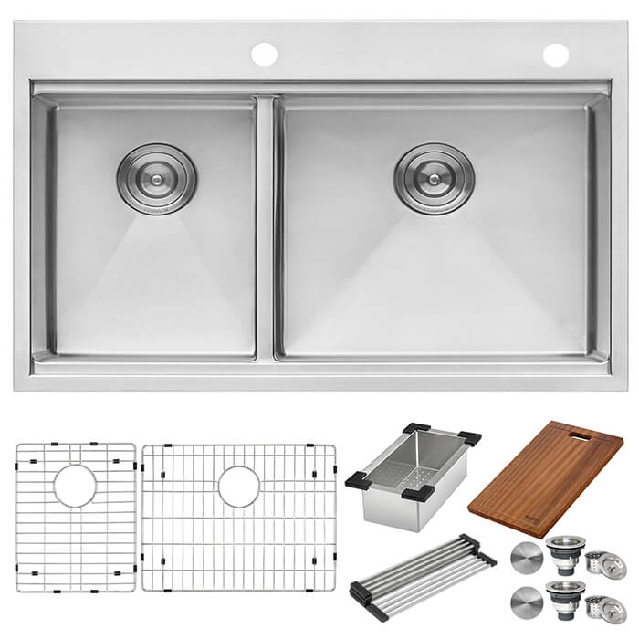 Ruvati 33 x 22 inch Workstation Dropin 40/60 Double Bowl Topmount Rounded Corners Kitchen Sink