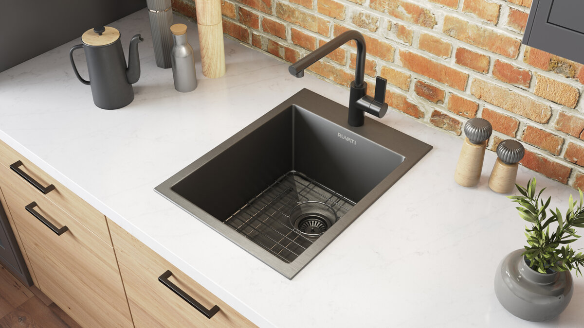 15" X 15" Modern Topmount Drop-In Gunmetal Black Bar Sink – Single Bowl Stainless Steel With Grid & Strainer For RV Or Small Kitchen