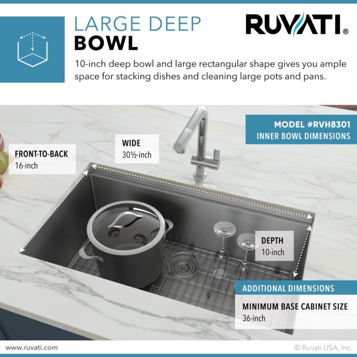 Ruvati 32-inch Workstation Ledge Rounded Corners Undermount