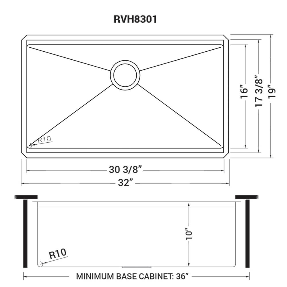 Ruvati 32-inch Workstation Ledge Rounded Corners Undermount