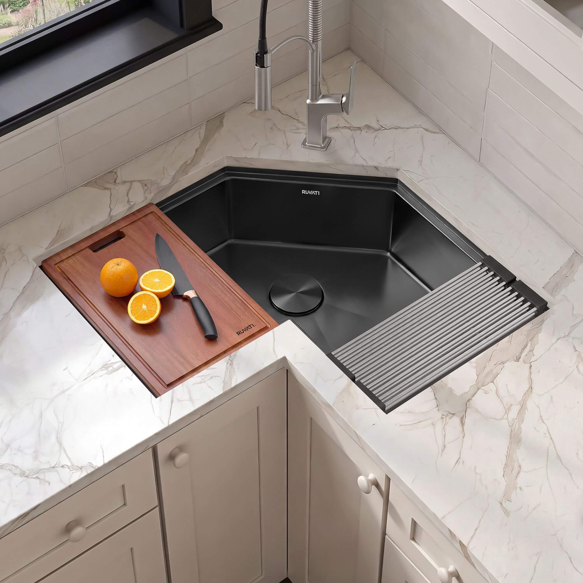 Ruvati Roma Pro Corner Workstation Gunmetal Black Stainless Steel Undermount Kitchen Sink - RVH8410BL