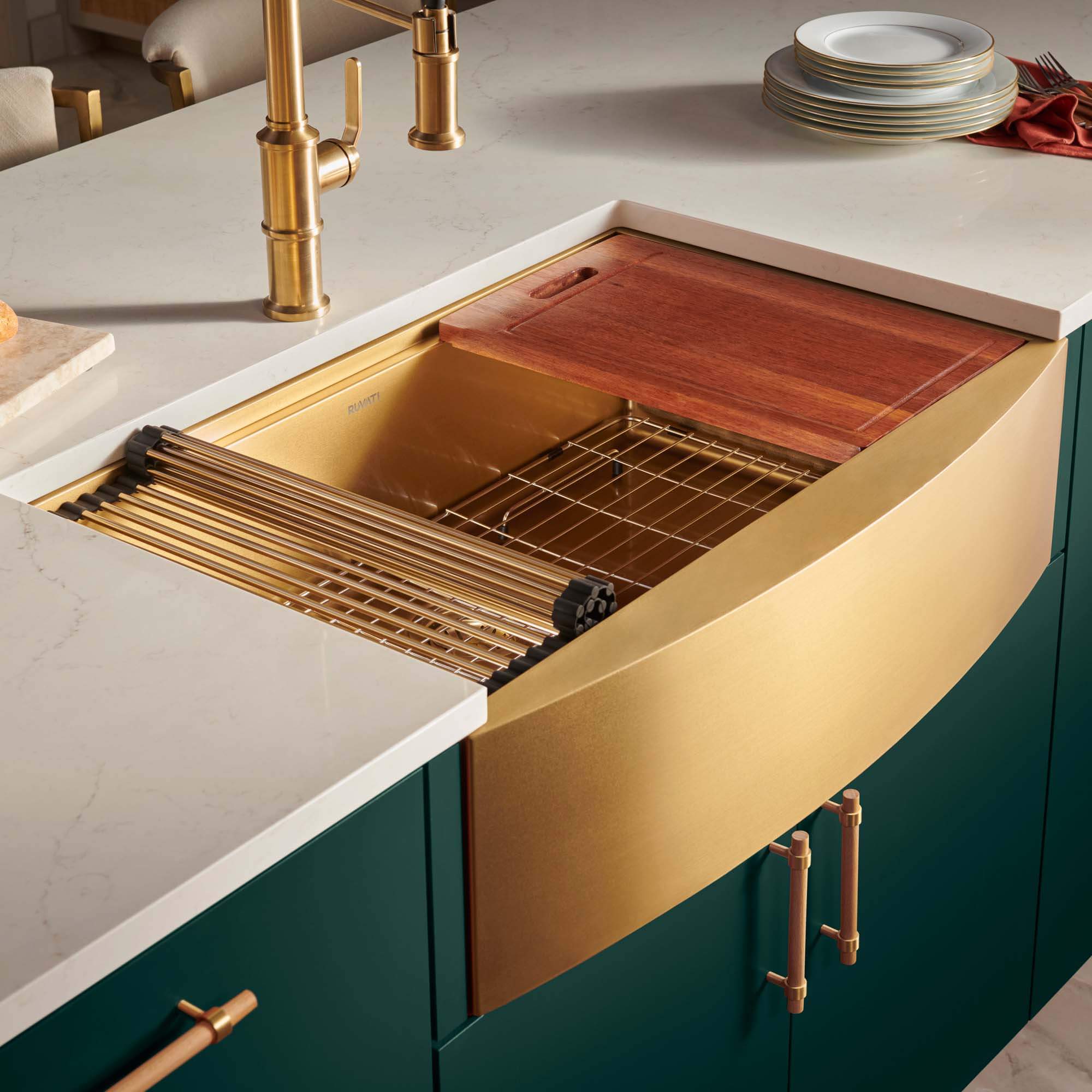 Ruvati 30 inch Matte Gold Workstation Apron Front Brass Tone