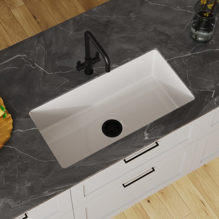 Ruvati 34 inch Fireclay Undermount Kitchen Sink Single Bowl Farmhouse Glossy White - RVL2134WH
