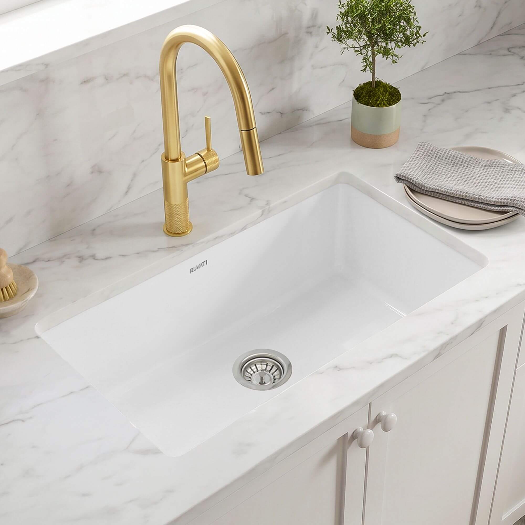 Ruvati 34 inch Fireclay Undermount Kitchen Sink Single Bowl Farmhouse Glossy White - RVL2134WH
