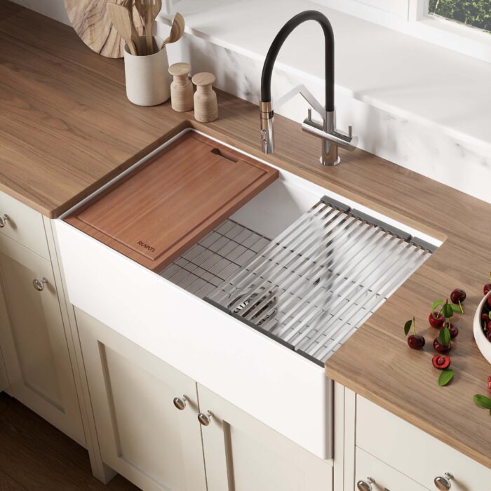 Ruvati 30 inch Fireclay Workstation White Farmhouse Kitchen Sink Apron Front Single Bowl - RVL2182WH