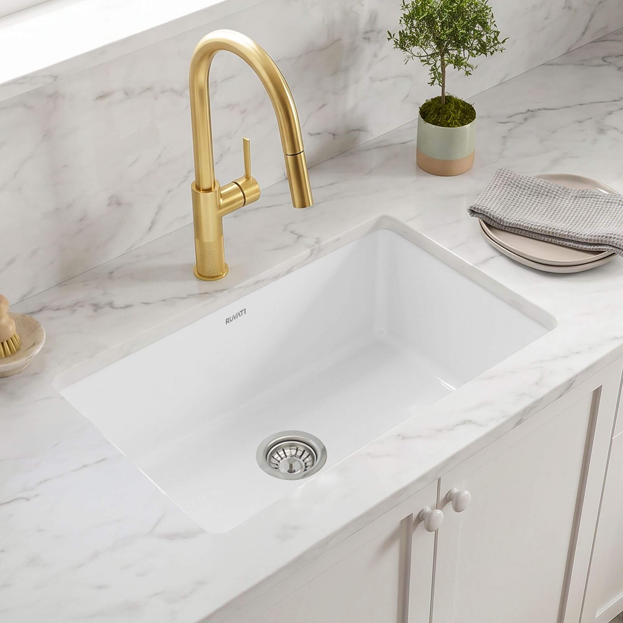 Ruvati 28 inch White Fireclay Undermount Kitchen Sink Single Bowl Glossy Farmhouse Style - RVL2228WH
