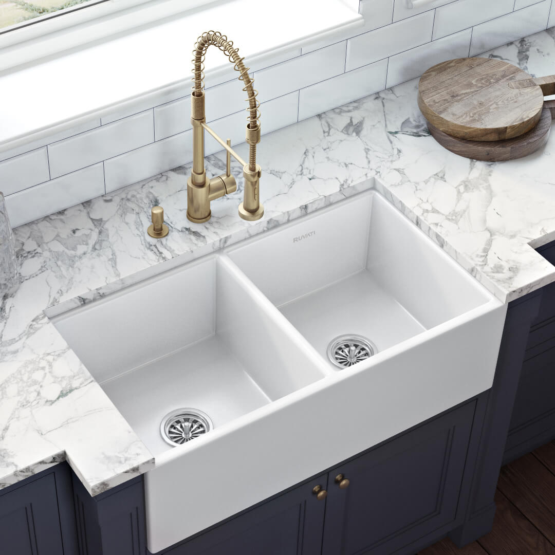 Explore Farmhouse Apron Front Fireclay 33 in. Double Bowl Kitchen Sink in White Explore Farmhouse Apron Front Fireclay 33 in. Double Bowl Kitchen Sink in White