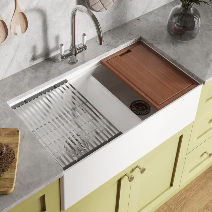 Ruvati 33 inch Fireclay Workstation White Farmhouse Kitchen Sink Apron Front Double Bowl - RVL2382WH