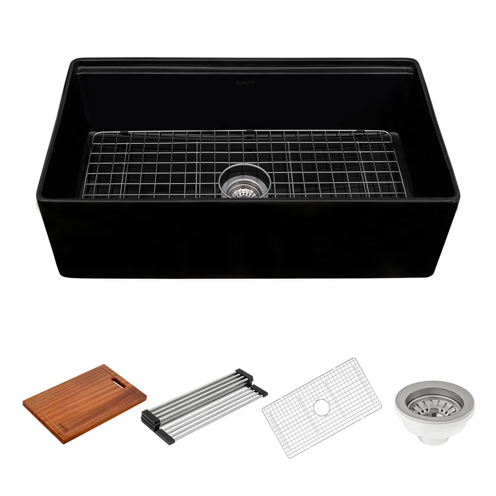 Ruvati 33 inch Fireclay Workstation Black Farmhouse Kitchen Sink Apron  Front Single Bowl - RVL2387BK - Ruvati USA