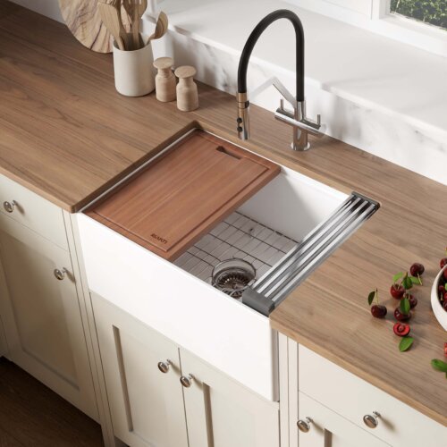 Ruvati 24 inch Fireclay Workstation White Farmhouse Kitchen Sink Apron Front Single Bowl - RVL2484WH