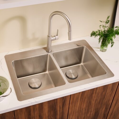 Ruvati 33 x 22 inch Drop-in Topmount Kitchen Sink 16 Gauge Stainless Steel 50/50 Double Bowl - RVM5150