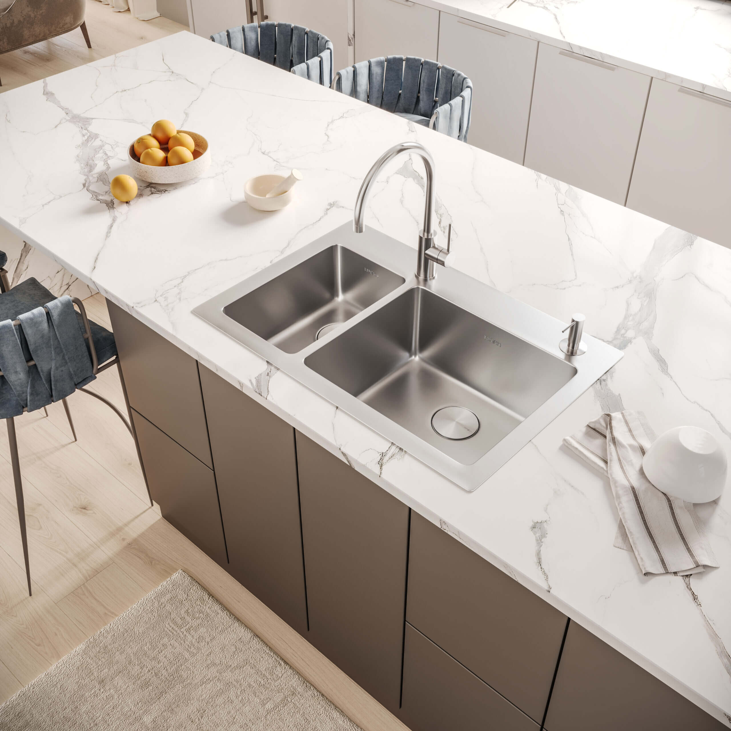 Ruvati 33" X 22" Drop-In Topmount Kitchen Sink – 16 Gauge Stainless Steel, 30/70 Double Bowl, Curved Corners – Model RVM5176