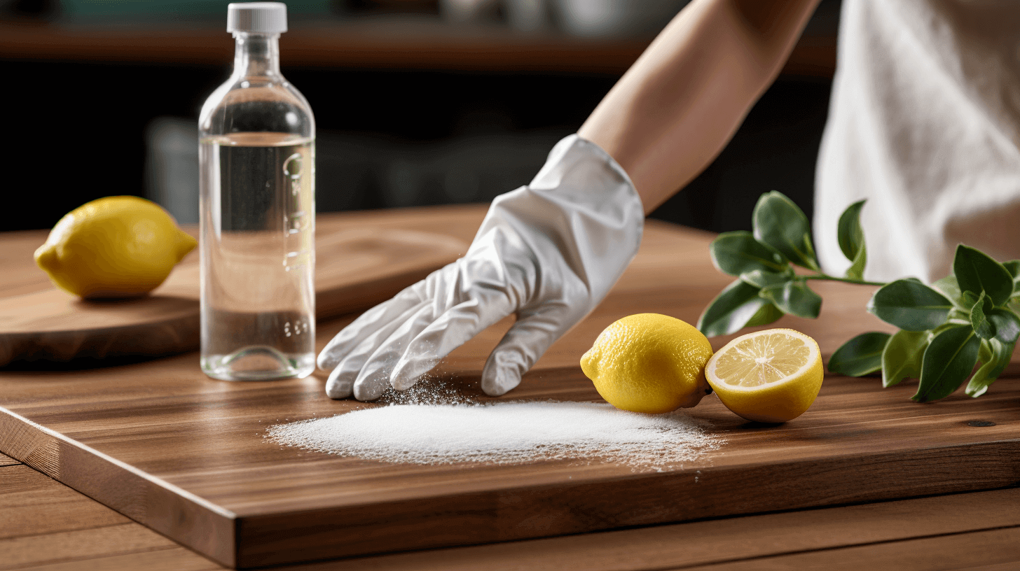 a hand sanatizing a wood cutting board with natural materials such as vinegar, lemon, or baking soda.