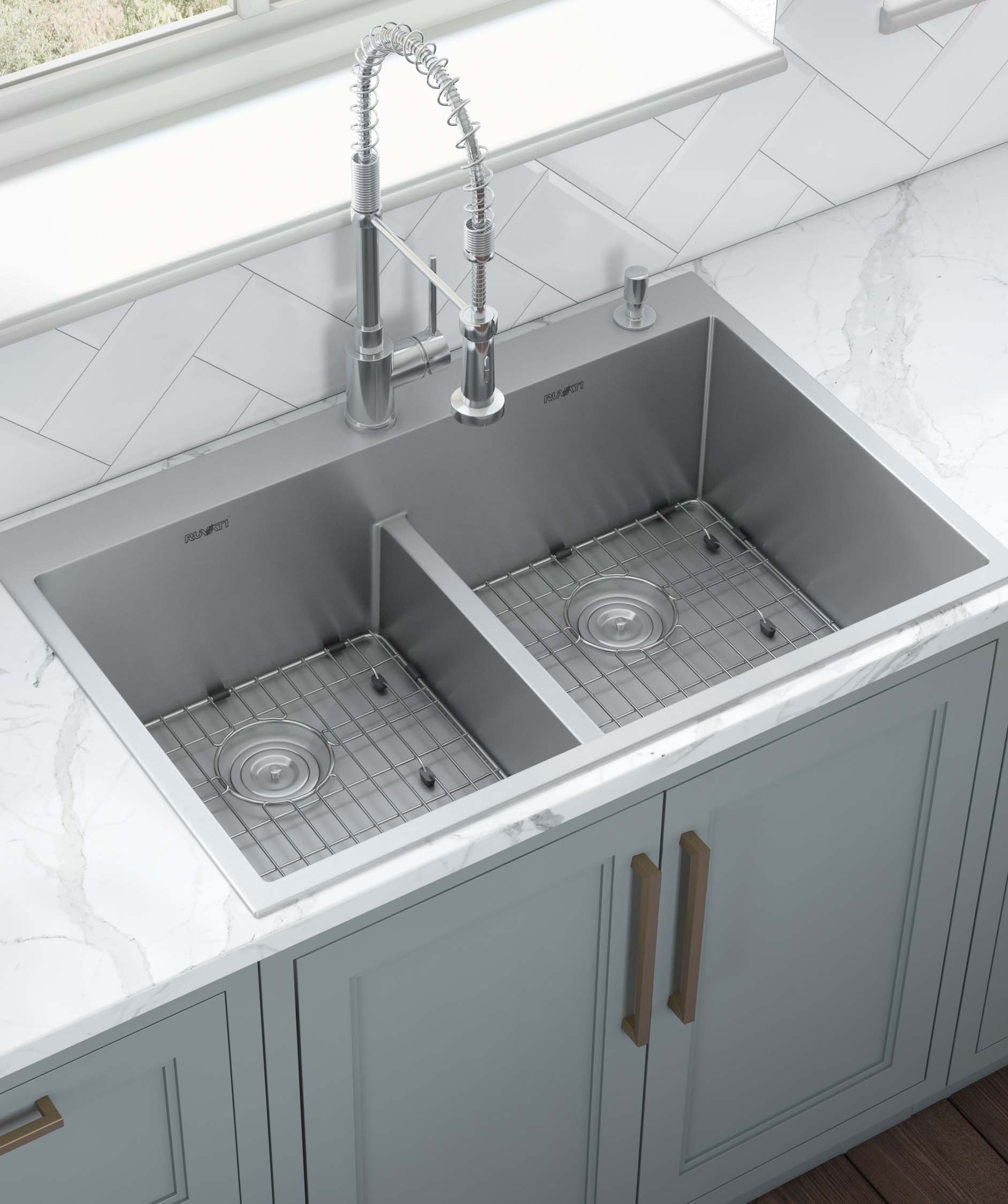 63 Workstation Sink - Double Bowl with Offset Drains - Reversible